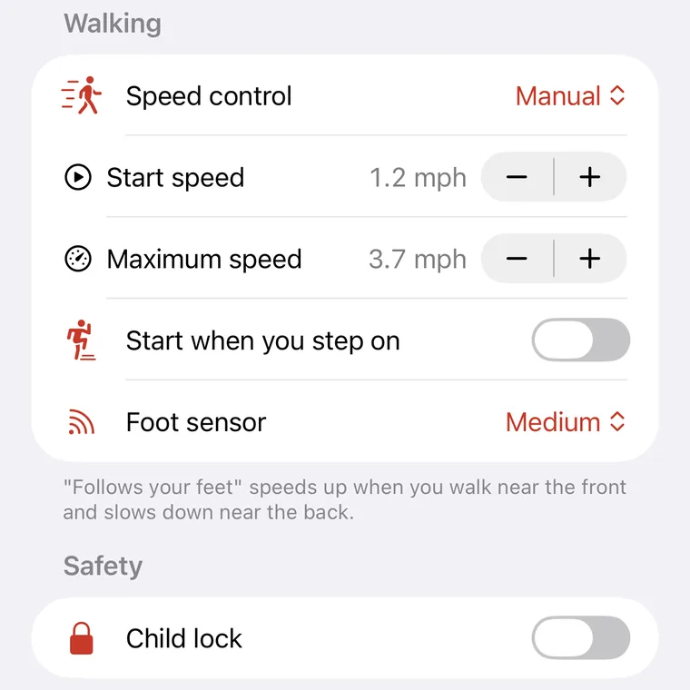 StrideTap's Treadmill settings: speed control, start speed, maximum speed, start when you step on, foot sensor and child lock.